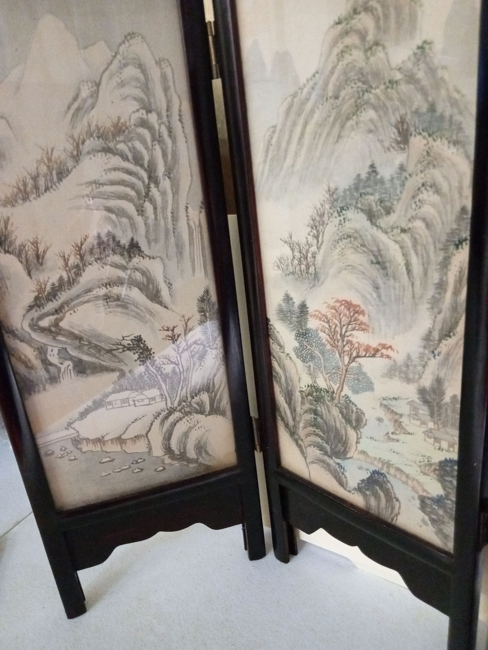 Thumbnail: Antique Wood Frame Screen Decorated In Silk, Birds, Flower,Scenery." Sale" "Dis"