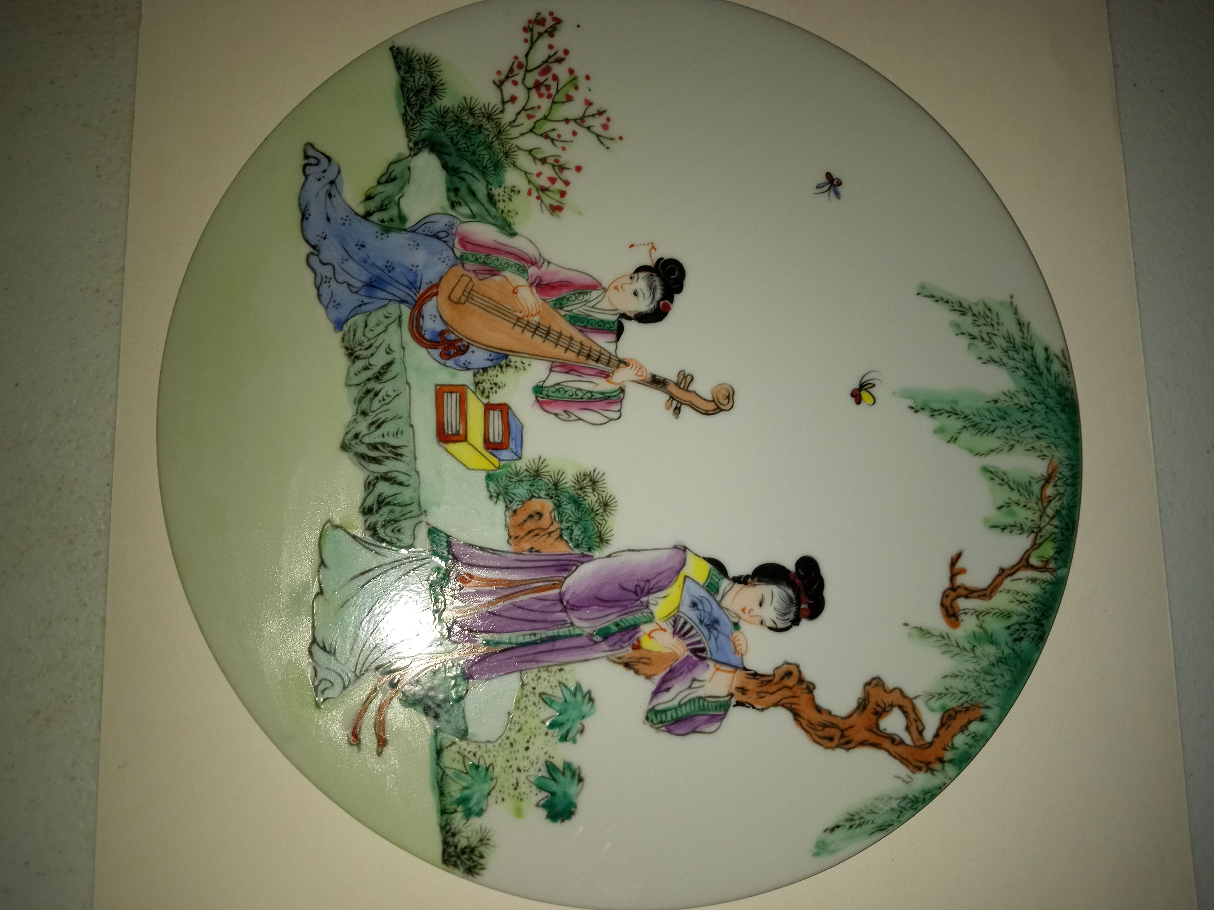 Antique Porcelain Round Enemal Picture Plate W/ Wood Stand. Diameter 9 1/2 inch