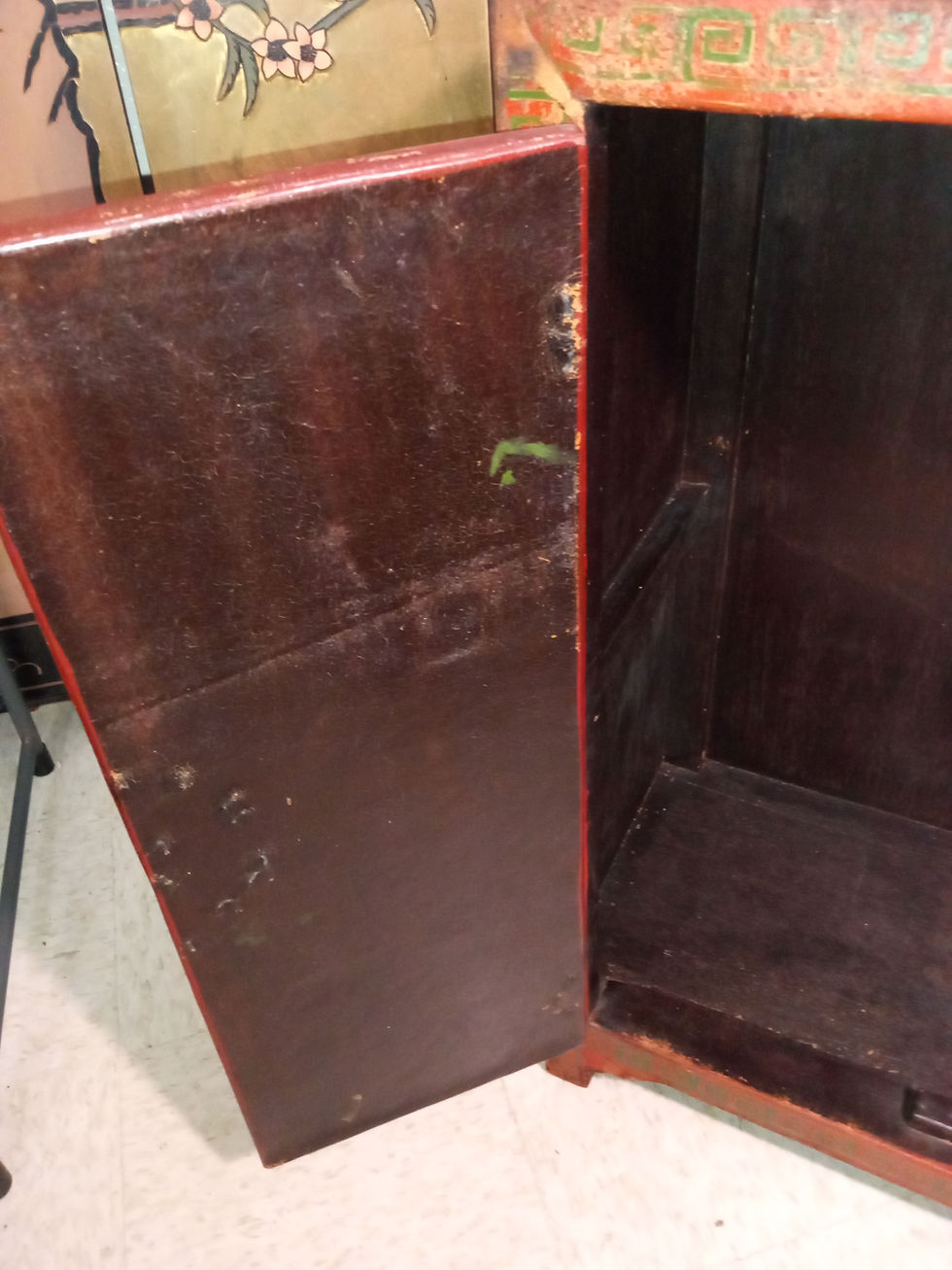 Thumbnail: Antique Lacquer Chest With Red Background Decorated With Dragon, Unicorn, Flower