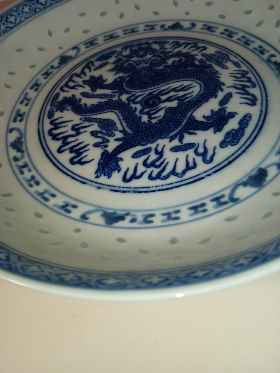 Thumbnail: Antique Porcelain Flying Dragon Plate, White underglaze With Green Glaze, 7 3/8