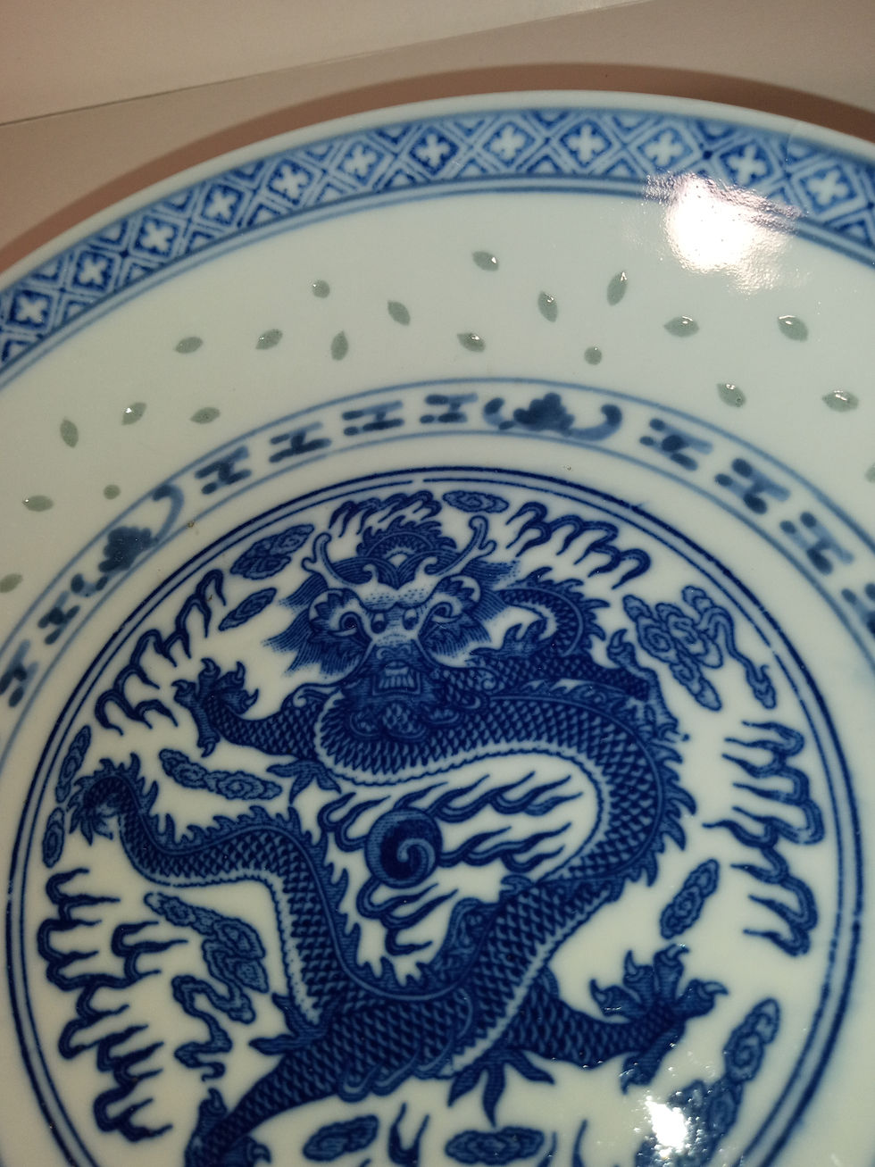 Thumbnail: Antique Porcelain Flying Dragon Plate, White underglaze With Green Glaze, 7 3/8