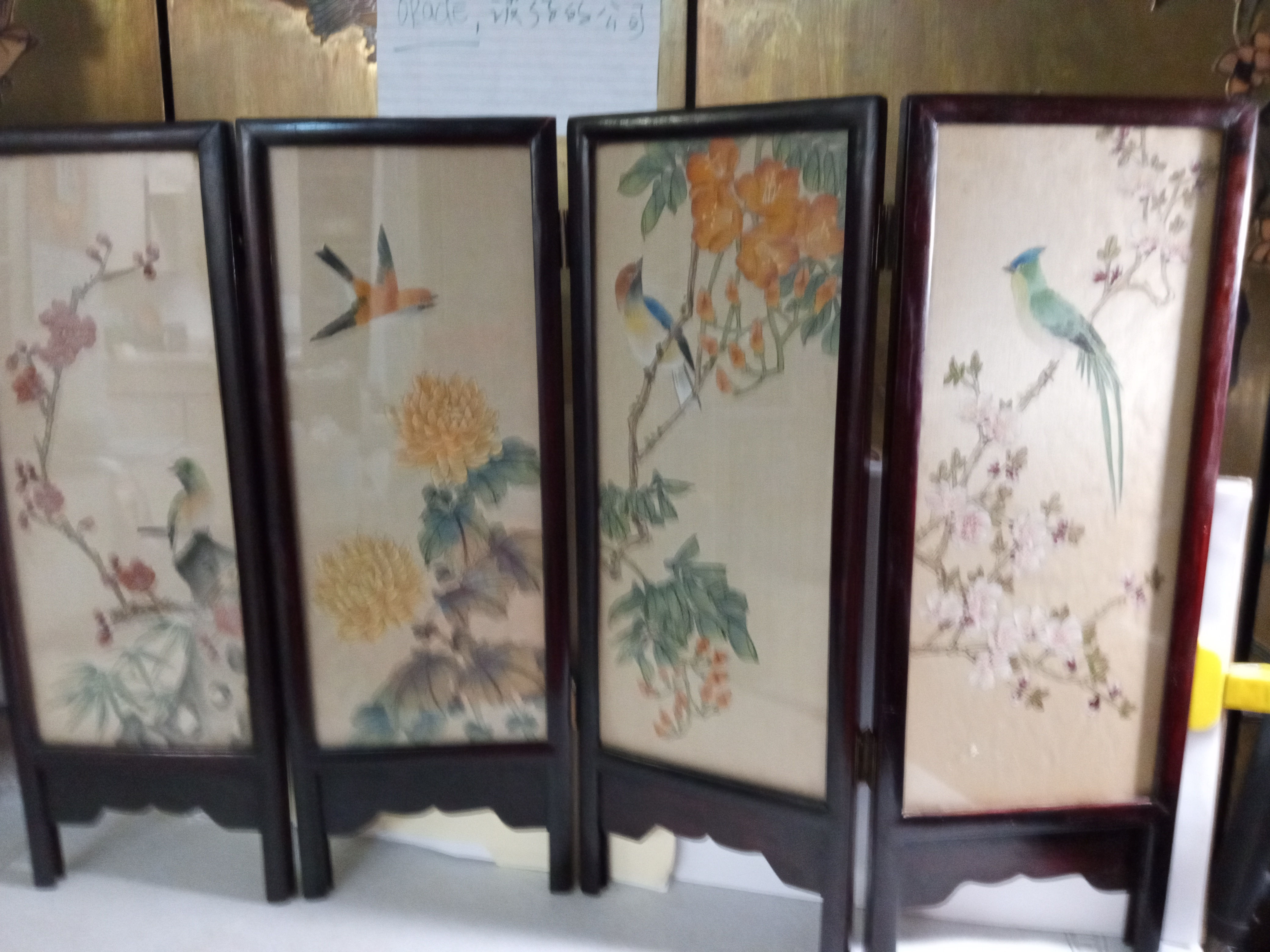 Antique Wood Frame Screen Decorated In Silk, Birds, Flower,Scenery." Sale" "Dis"