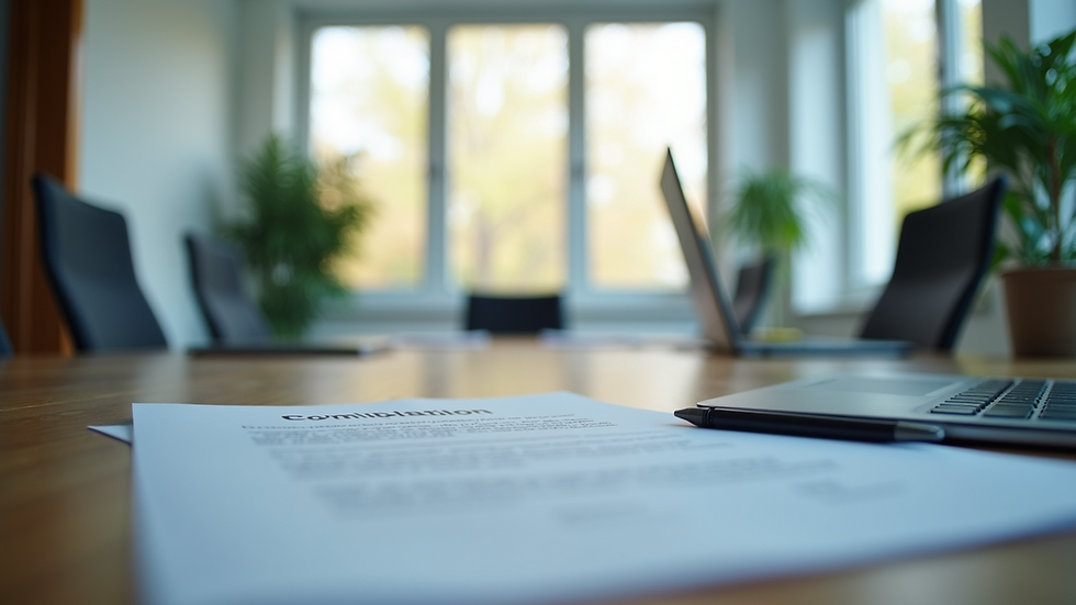Eye-level view of a modern office meeting room with compliance documents and laptops on the table
