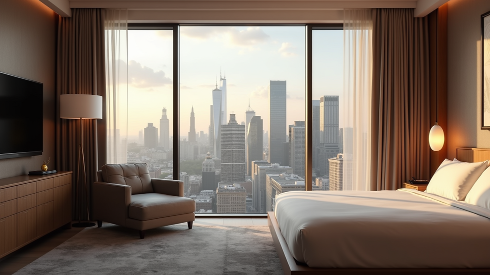 Eye-level view of a cozy hotel room with a beautiful view
