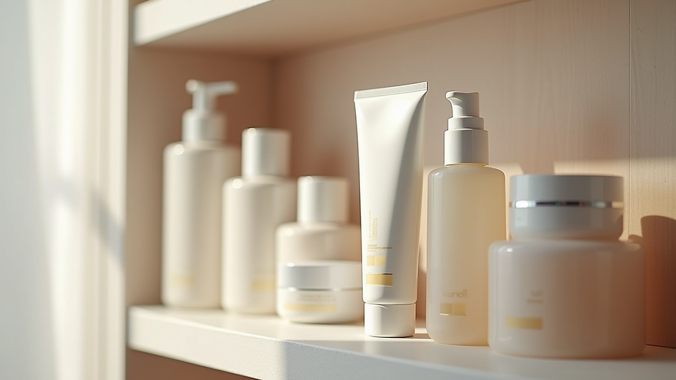 Eye-level view of a skincare shelf filled with various products