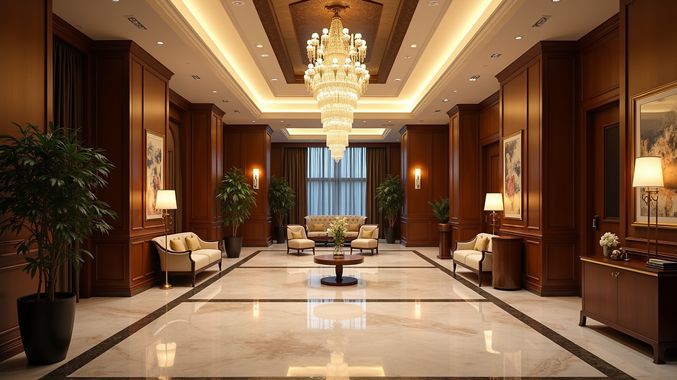 Wide angle view of a luxurious hotel lobby