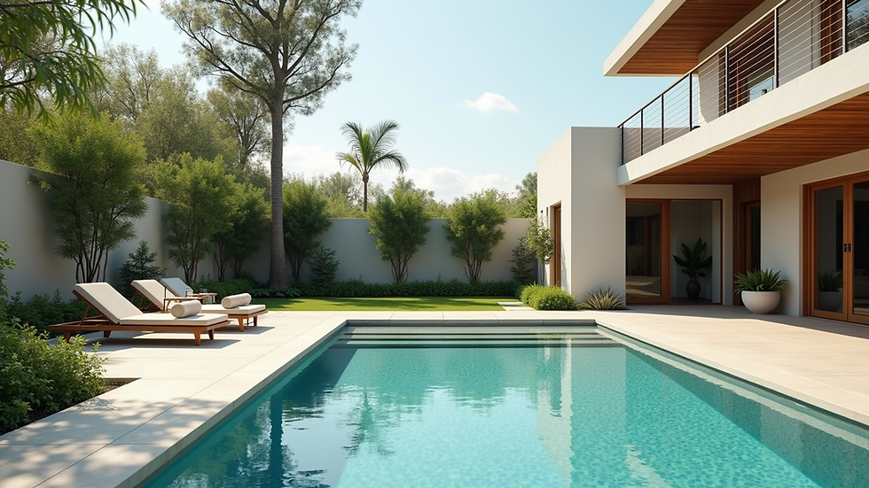 High angle view of a spacious backyard with a pool in a vacation rental