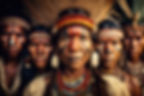 Group portrait of indigenous people from the Amazon with ritual paintings on their face and headdresses looking at the camera.