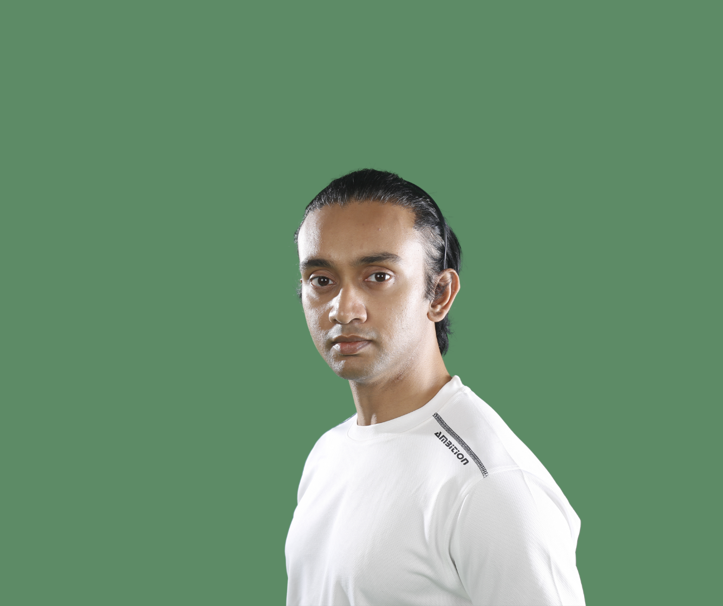 Man in white shirt, serious expression
