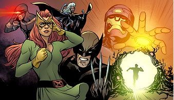 Artwork featuring Jean Grey in foreground; Wolverine, Storm, Cyclops, and a Sentinel behind her.