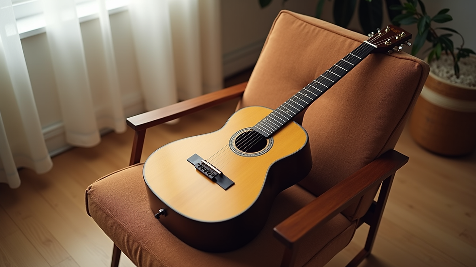 High angle view of a guitar resting on a cozy chair in a bright room