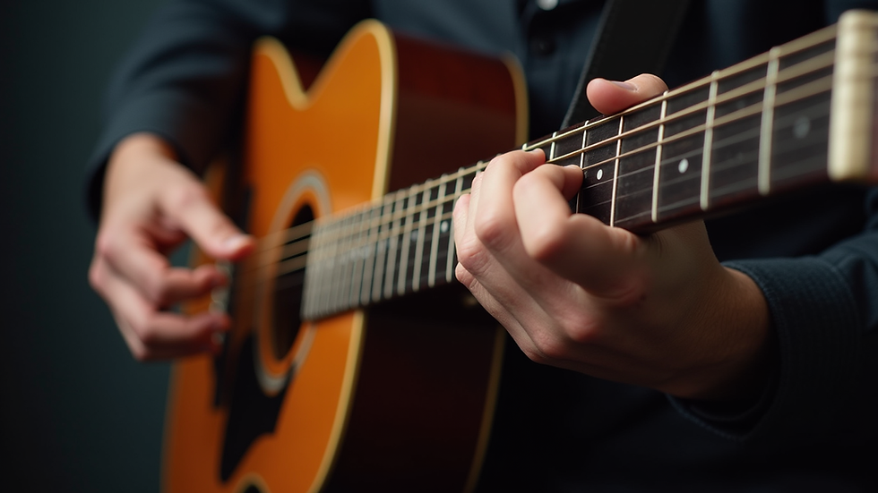 Close-up view of guitar fretboard with fingers pressing chords