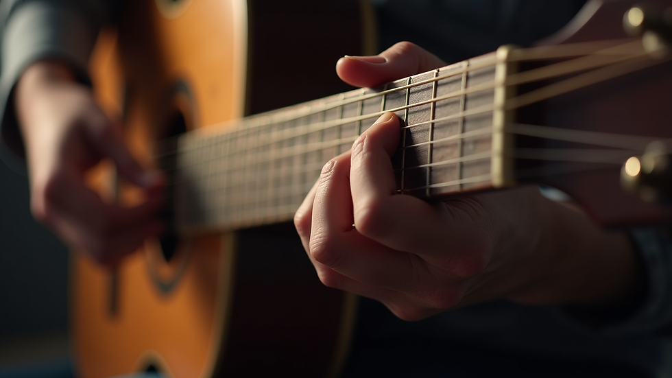 Close-up view of a guitar fretboard with fingers pressing chords