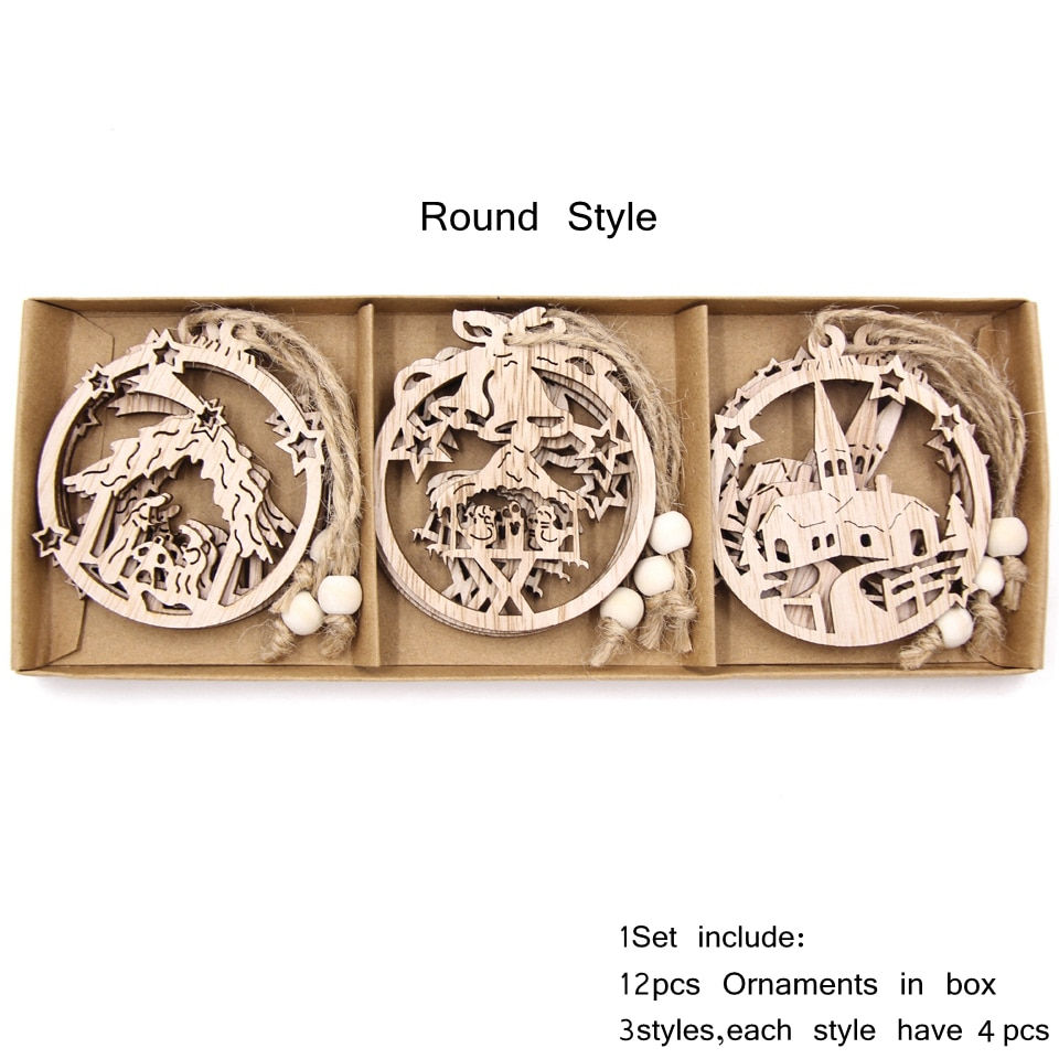 Thumbnail: 12pcs/Box Vintage Hollow Christmas Wooden Pendants Ornaments