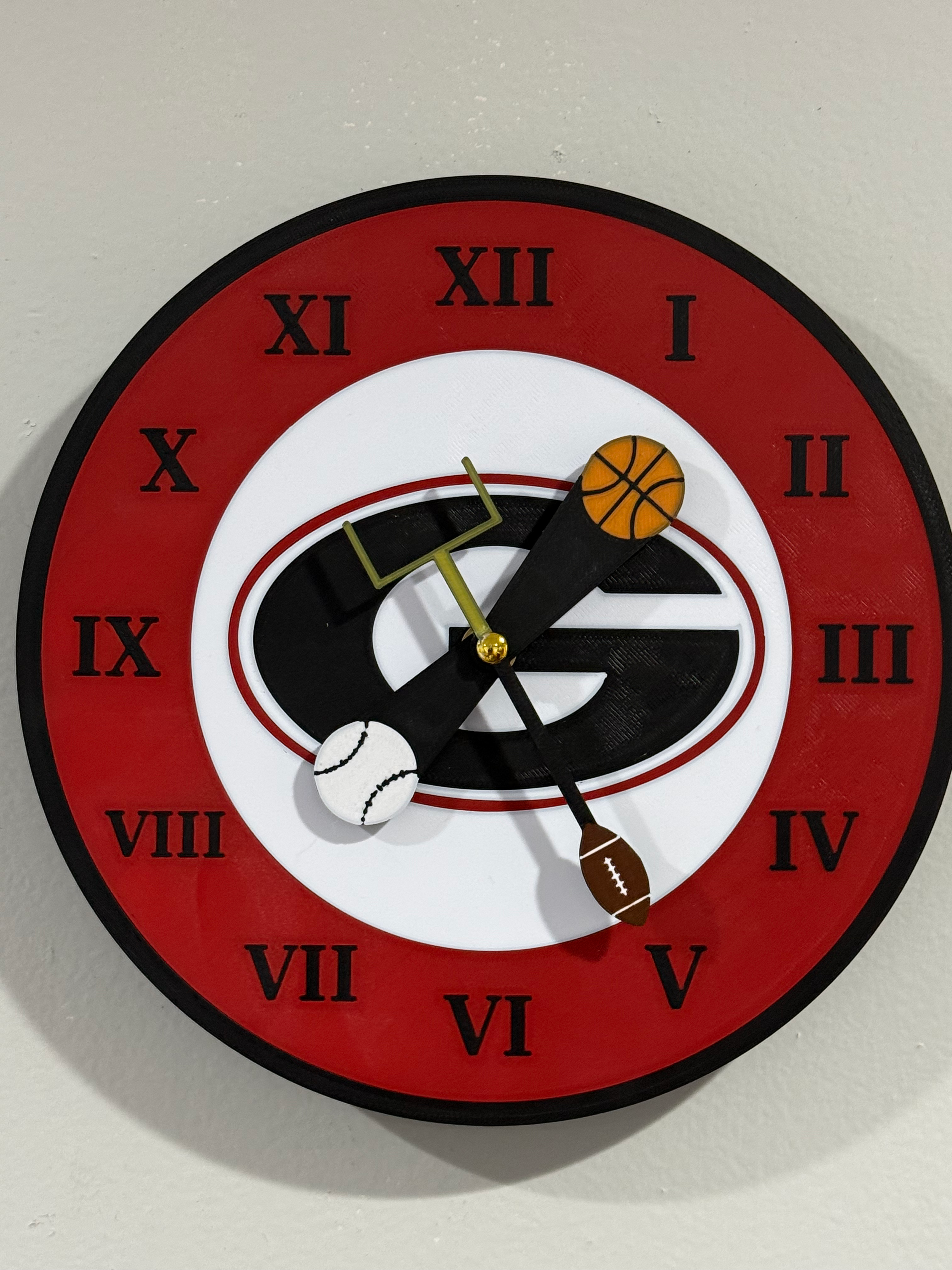Georgia-inspired 3D printed football wall clock with red, black, and white sports colors, Roman numerals, and fan-made decora