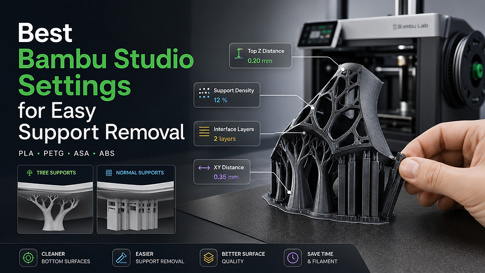 Promo graphic for Bambu Studio settings: hand removes a 3D-printed support model beside a printer, with tips and support comparisons.