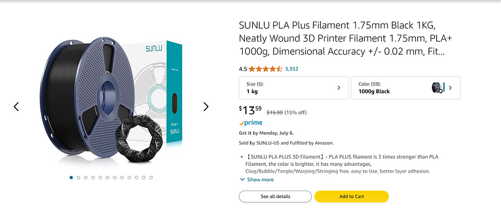 Amazon product page for SUNLU PLA Plus 3D printer filament, black 1kg spool, with price, rating, and Add to Cart button.