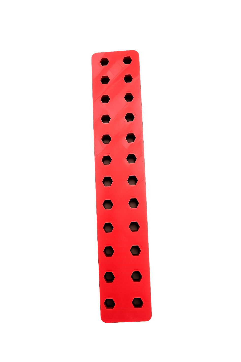 Thumbnail: Long red organizer insert with evenly spaced hexagonal openings in two columns, shown isolated on a black background.