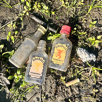 3 nip bottles laying on the ground, an example of common riverside trash collected during the Source to Sea Cleanups in the Connecticut River watershed.
