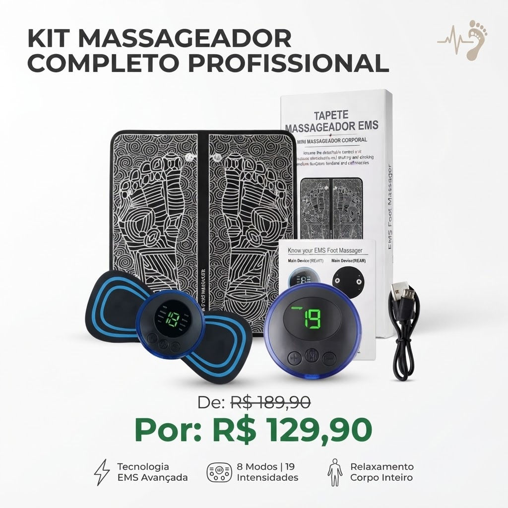 Kit Massageador Completo Profissional - Tapete EMS para Pés e Mini Massageador