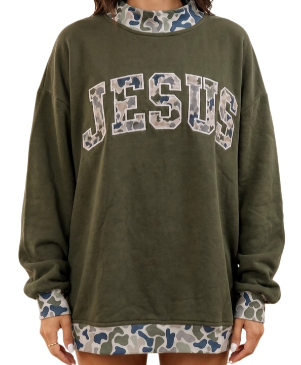 Western Contrast Jesus Mock Neck Sweatshirt - Four Leaf Clover
