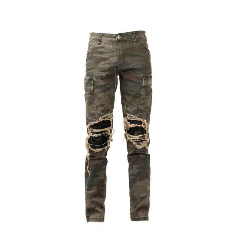 Miniatura: Camouflage Jeans Washed And Ripped Cat's Whiskers And Leather