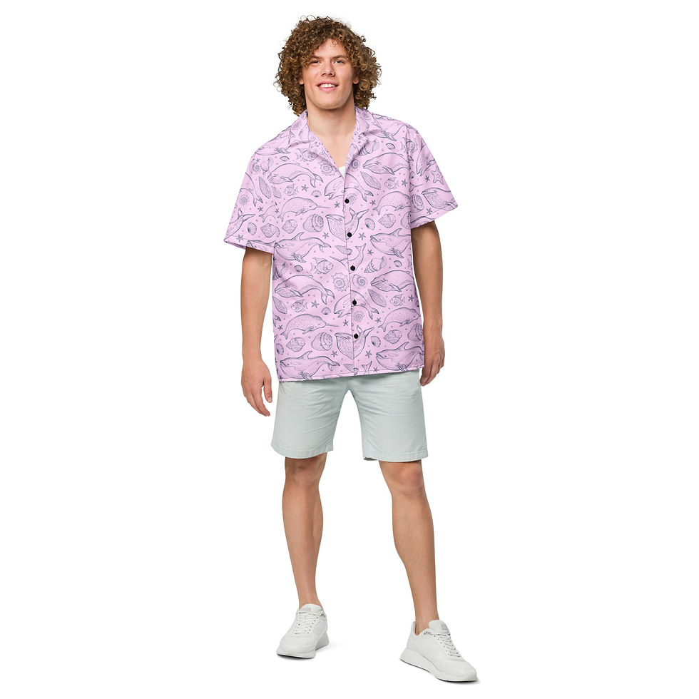 Miniatura: Pink Whale Pod Pattern Hawaiian Button Shirt: Dive into Coastal Chic!