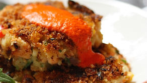 Crispy Salmon Cakes with Red Pepper and Tomato Sauce