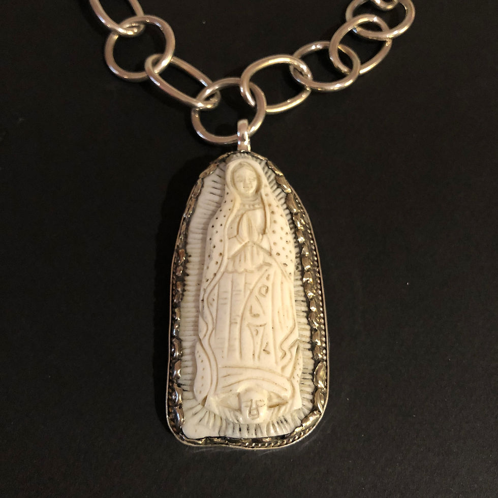 3 inch hand-carved bone Guadalupe necklace charm by Coreen Cordova