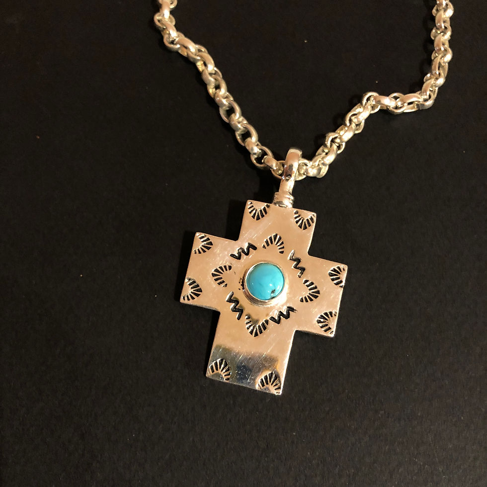 1.75 inch silver cross charm with Hopi design and inlaid turquoise, by Coreen Cordova Jewelry