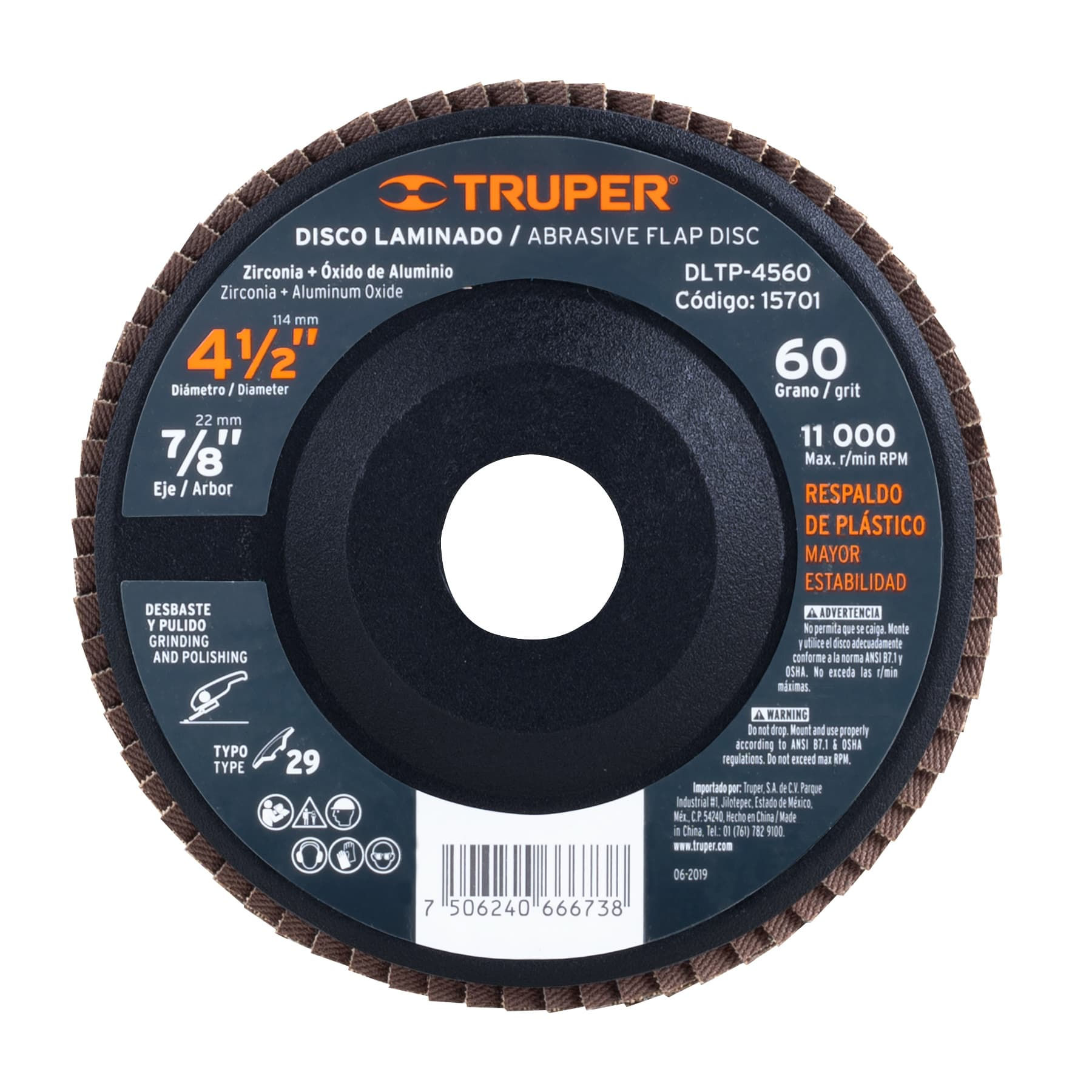 Disco 4-1/2' laminado respaldo plástico grano 60 centro 7/8'
