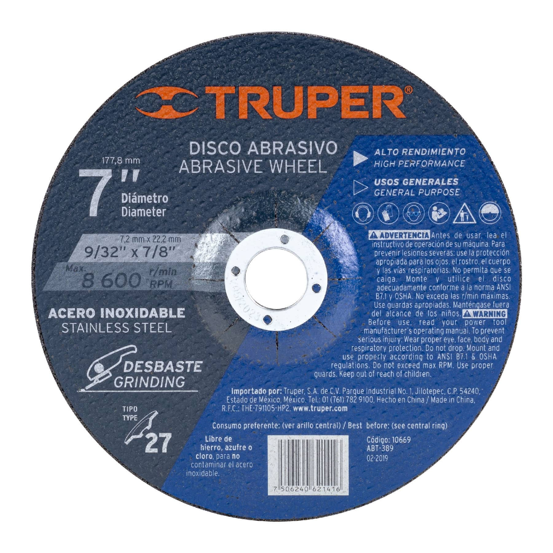 Disco Tipo 27 de 7' x 7.2 mm desbaste de acero inoxidable