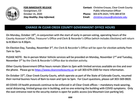 CHANGE IN CLEAR CREEK COUNTY GOVERNMENT OFFICE HOURS