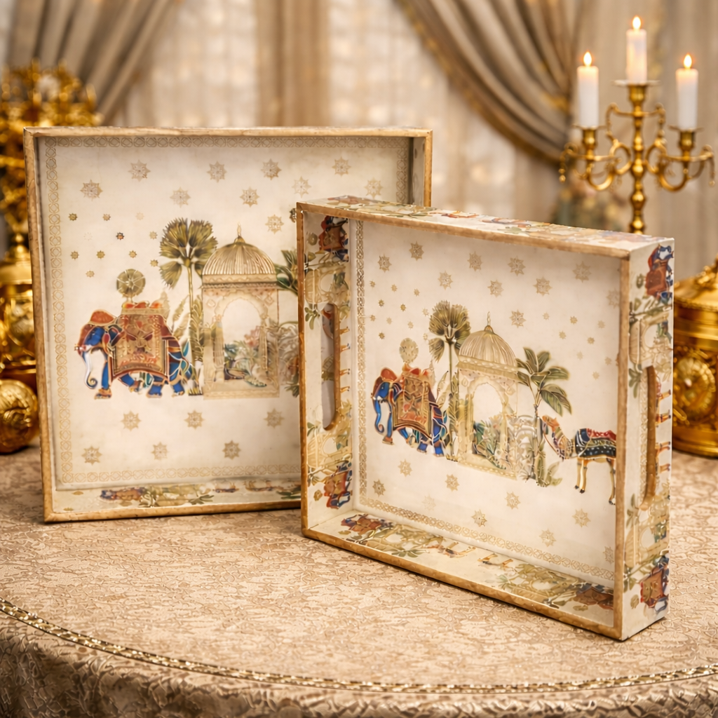 Epichunt Wooden Serving Tray with Gold Engraving | Set of 2