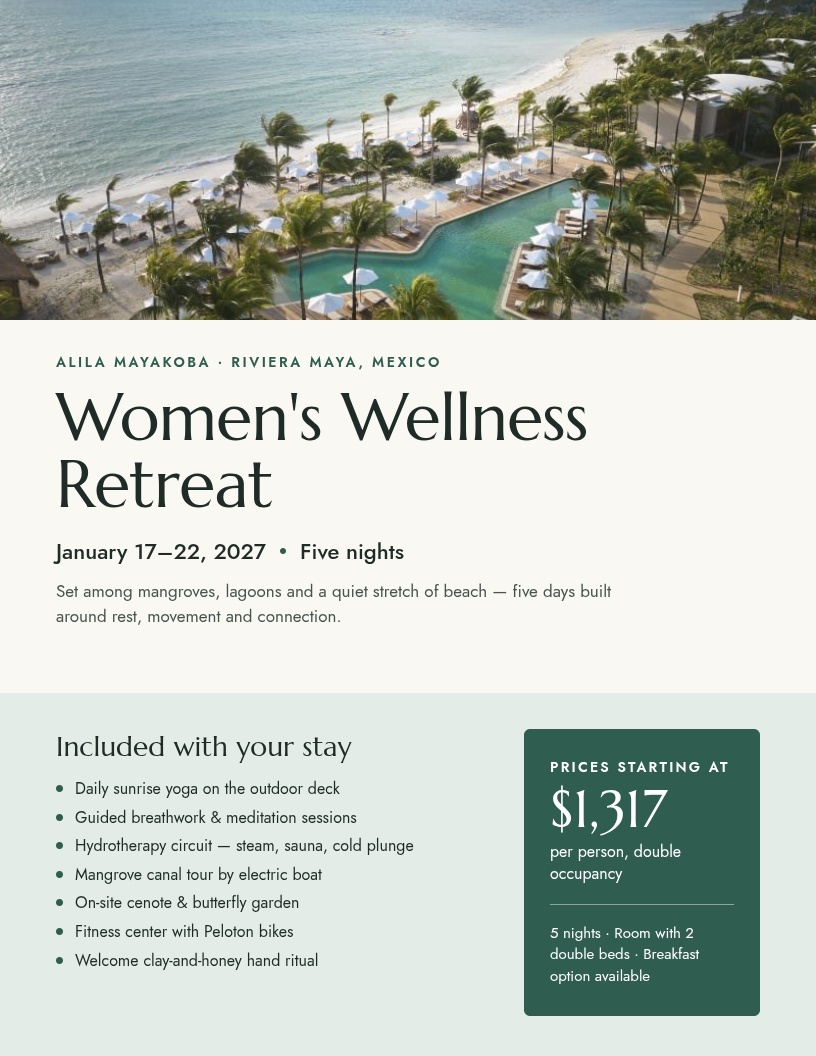 Front flyer for Alila Mayakoba Women's Wellness Retreat showing resort photo and retreat details