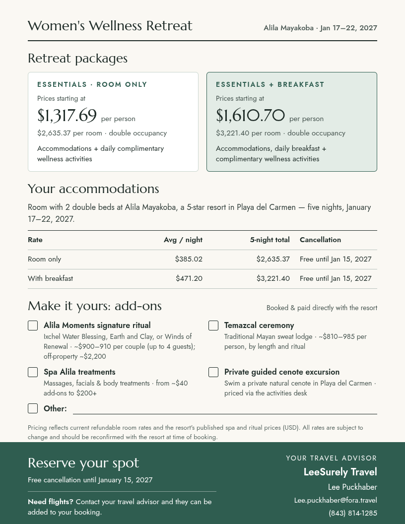 Back flyer for Alila Mayakoba Women's Wellness Retreat showing pricing and add-ons