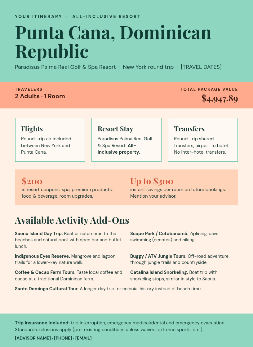 Itinerary flyer for Punta Cana, Dominican Republic
