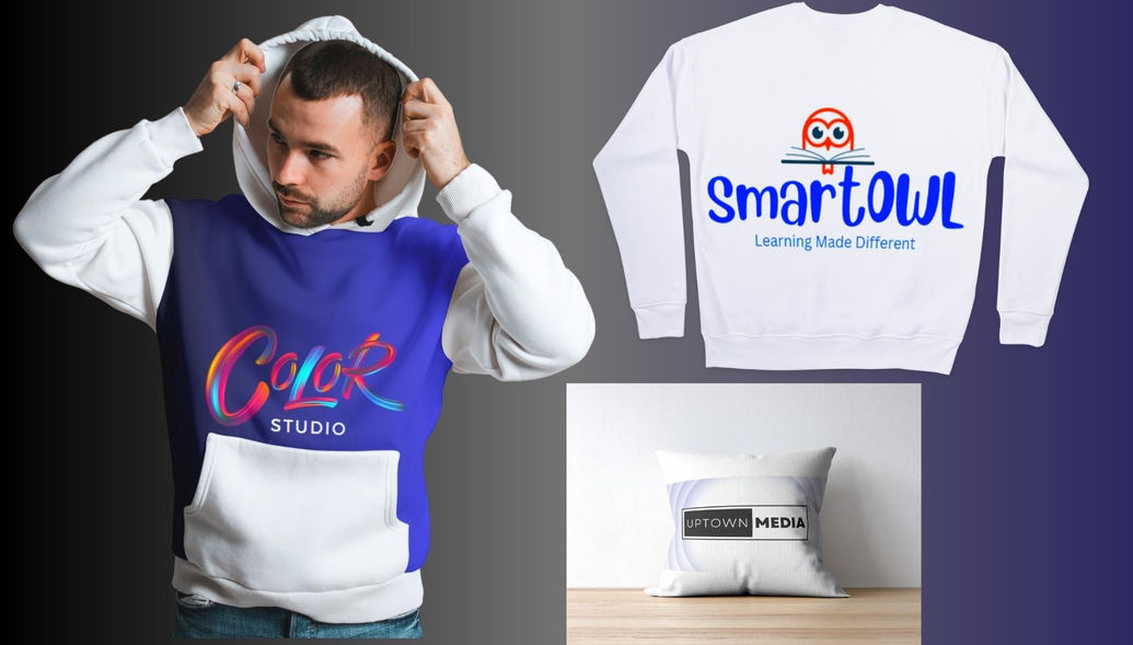 men wearing a hoodie, pillow on seat and jersey with tutoring business logo.