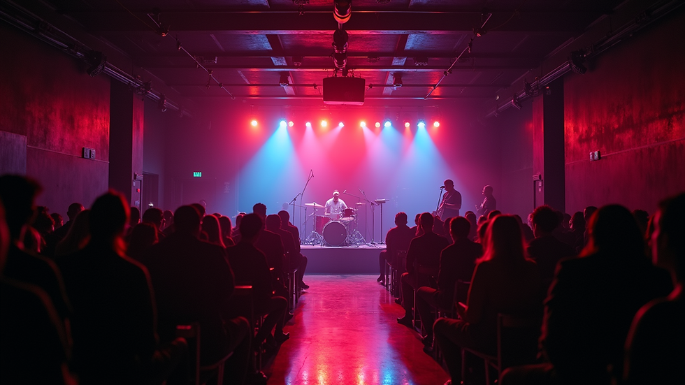 eye-level view of a dimly lit underground music venue with a small stage and colorful lights