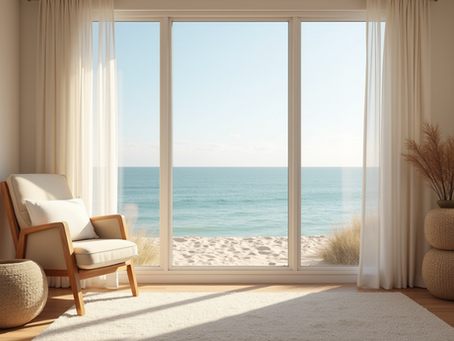 A chair with the beach in the background