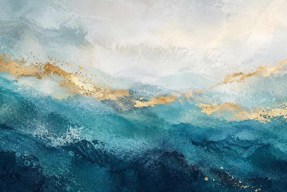 Abstract teal, blue and gold artwork representing calm, possibility and positive change at De-Stress and be HAPPY