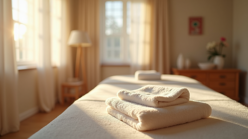 Eye-level view of a calm therapy room with a massage table and soft lighting