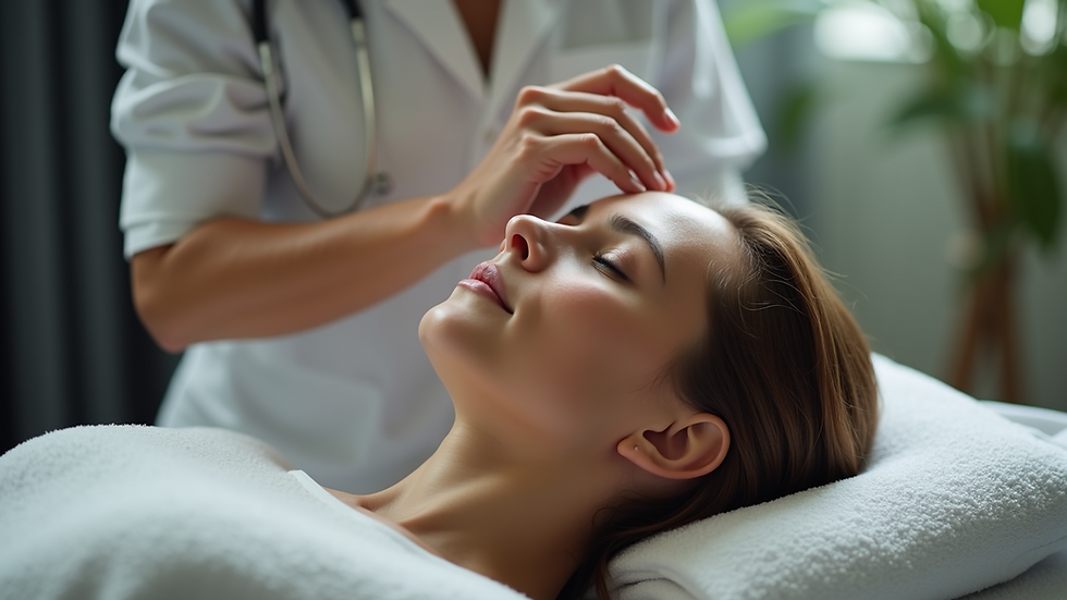 Close-up view of a therapist gently applying craniosacral therapy on a patient’s head