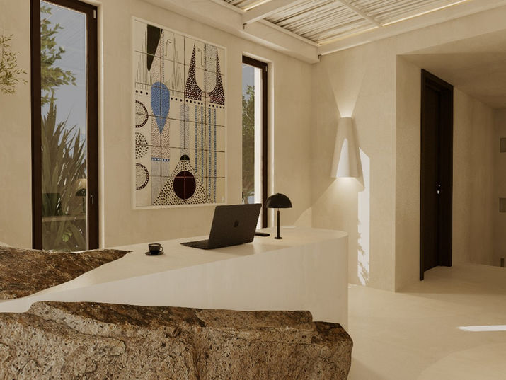 Bureau minimaliste blanc avec ordinateur portable, bureau en pierre naturelle, art abstrait, plante.