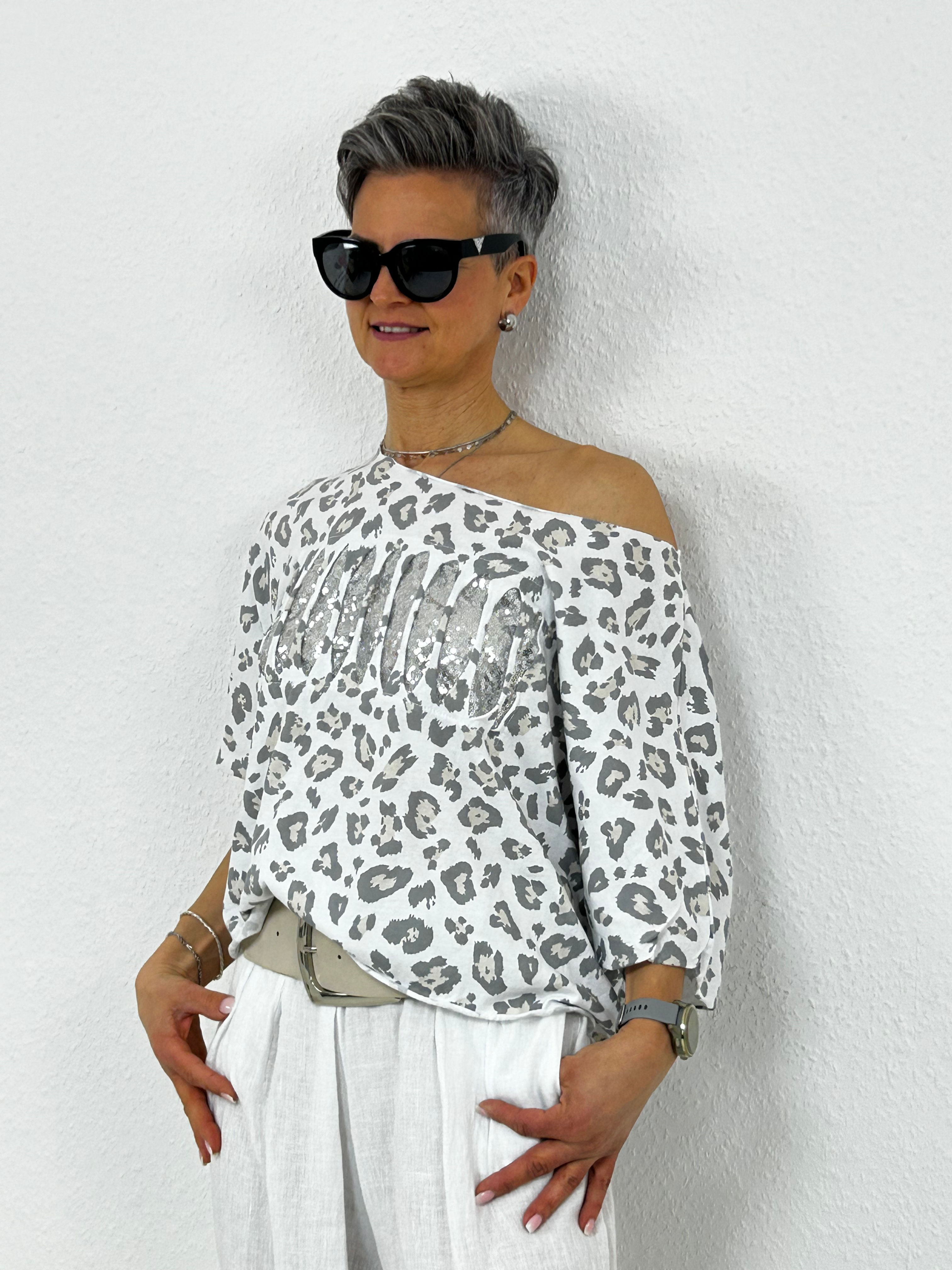 Oversized Cropped Shirt "Animal“ weiß