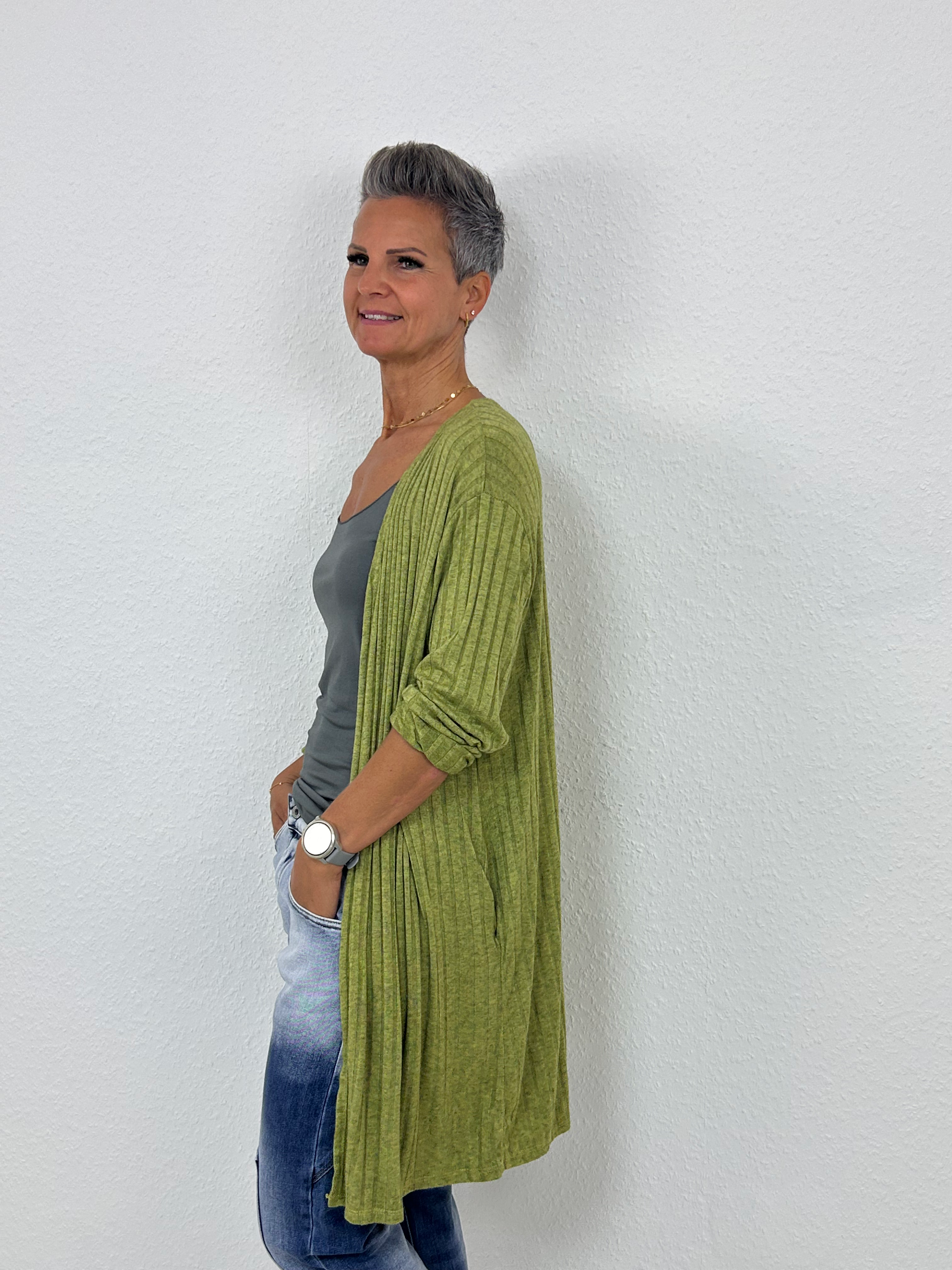 Lange Feinstrickjacke "Lulu"  Kressegrün