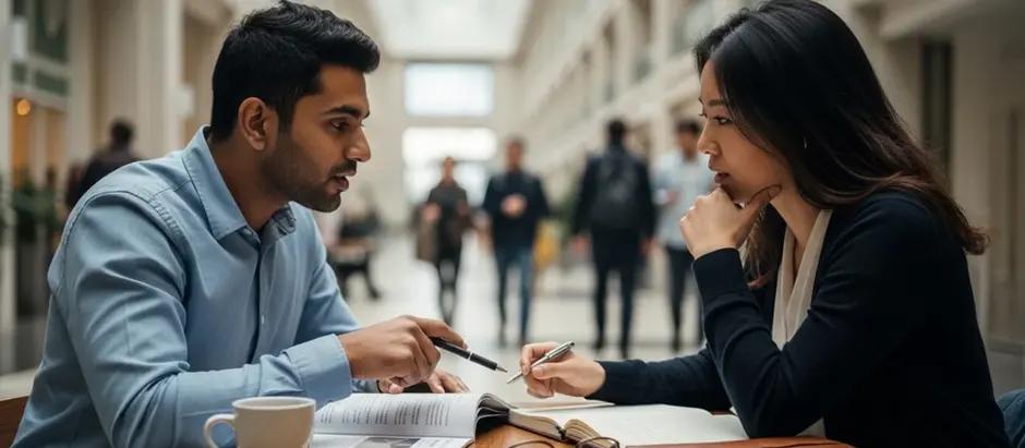 Two students debating over HEC Paris MBA vs INSEAD