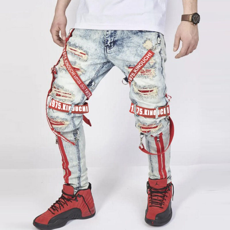 Thumbnail: Hollow Out Zipper Fashion Denim Pants Casual Streetwear Jeans Men Trendy Fit