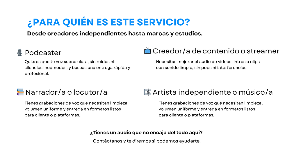 Servicios de audio profesional dirigidos a podcasters, streamers, músicos, productores y empresas