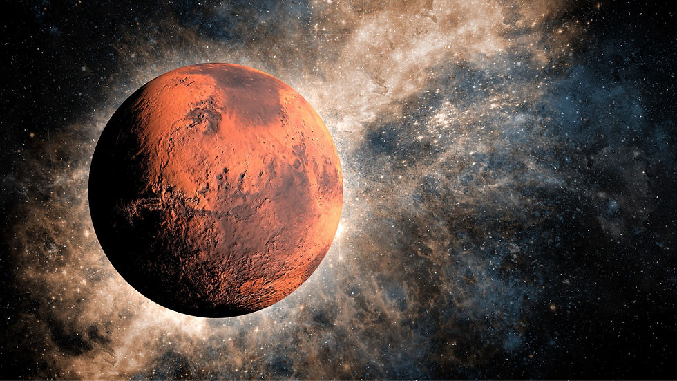 Imagem artística do planeta Marte flutuando no espaço com nebulosas e estrelas ao fundo.
